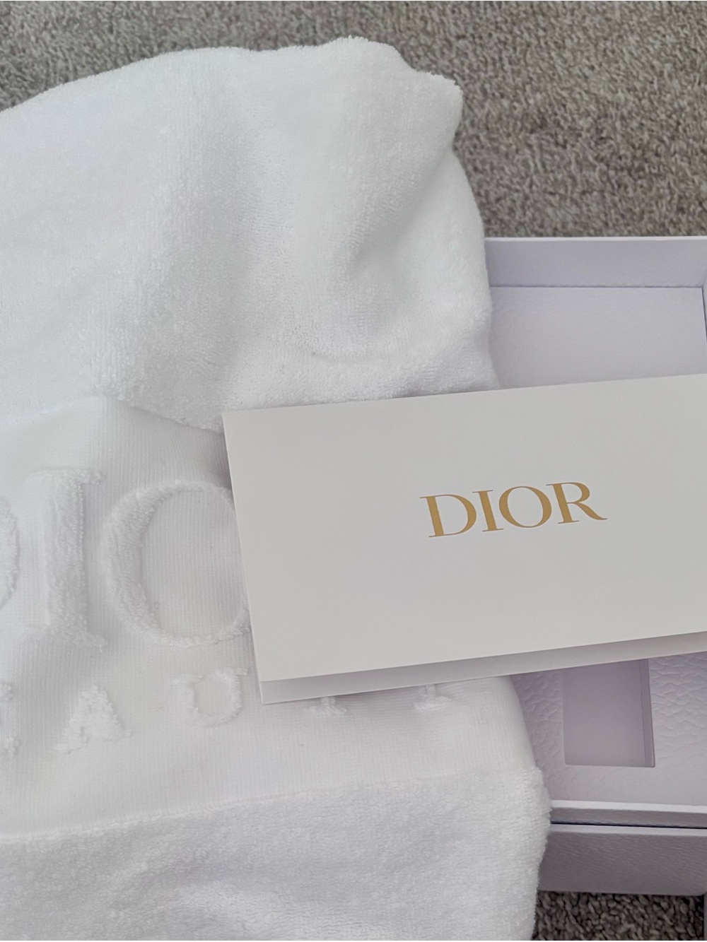 Dior White Embossed Towel with Gold Logo Card